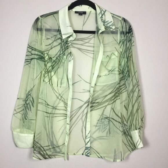Floaty sheer green button down shirt with collar and cuff summer beach vaca PM - Picture 1 of 9
